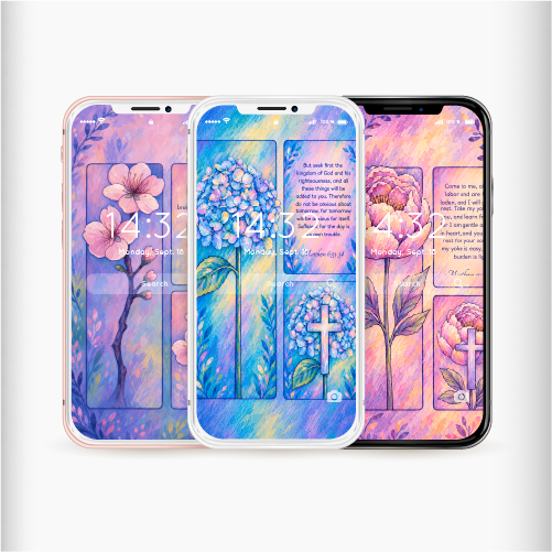 Three phones showing the Scripture florals wallpapers: cherry blossom, hydrangea and peony with Bible verses