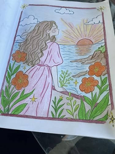 Coloring page of a woman watching the sunset over the sea, colored by a customer