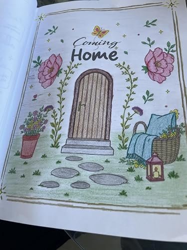 "Coming Home" coloring page with a cottage door, colored by a customer
